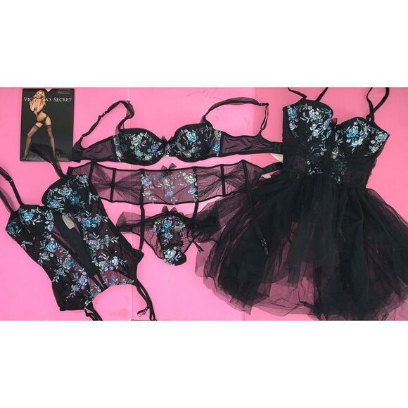 Victoria's Secret 34D,36C BRA SET+GARTER SLIP+BABYDOLL tutu BLACK blue EMBROIDER